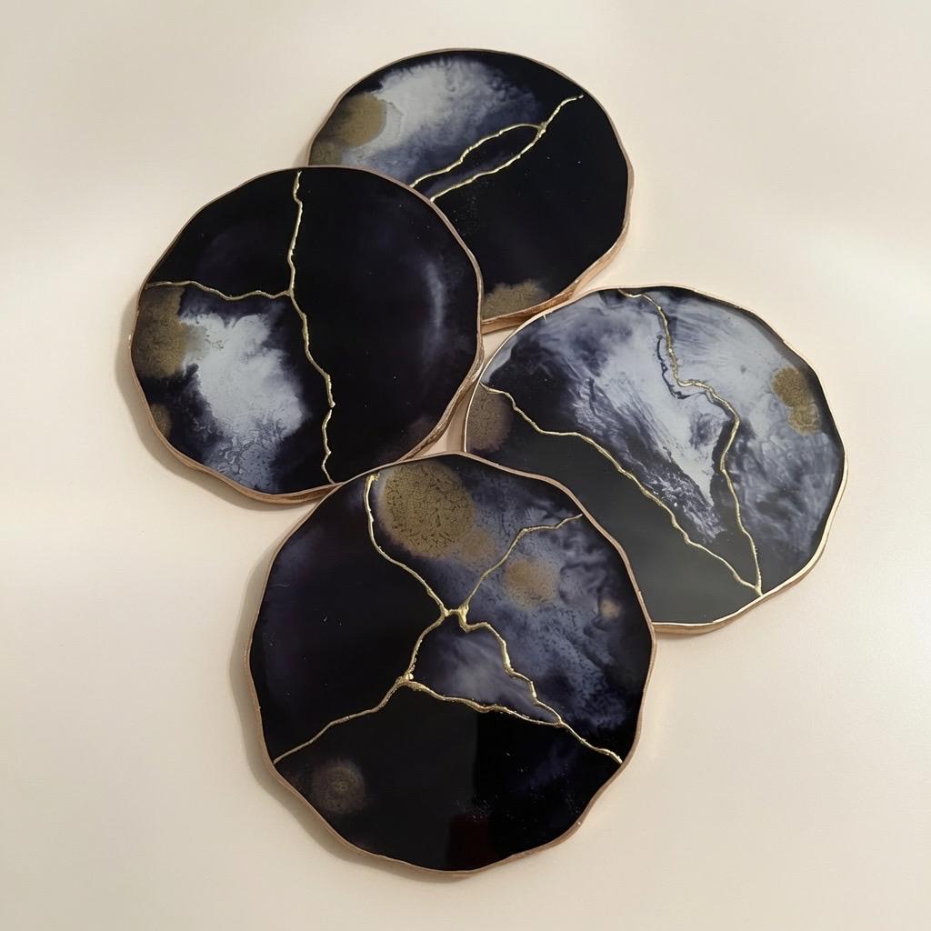 Kintsugi Gold Leaf | Epoxy Resin Coaster Set | Gold Edge Barware | Black & White