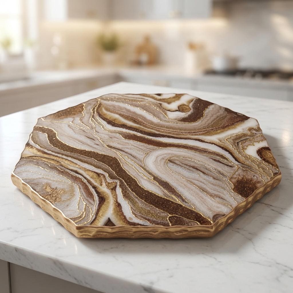 Epoxy Resin Lazy Susan | Marble Vein with Gold Accents | Modern Turntable | Farmhouse Centerpiece