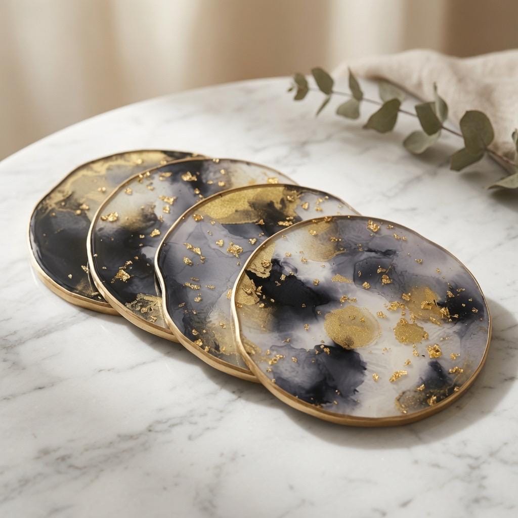 Black & White Gold Leaf | Epoxy Resin Coaster Set | Rustic Farmhouse Drinkware |