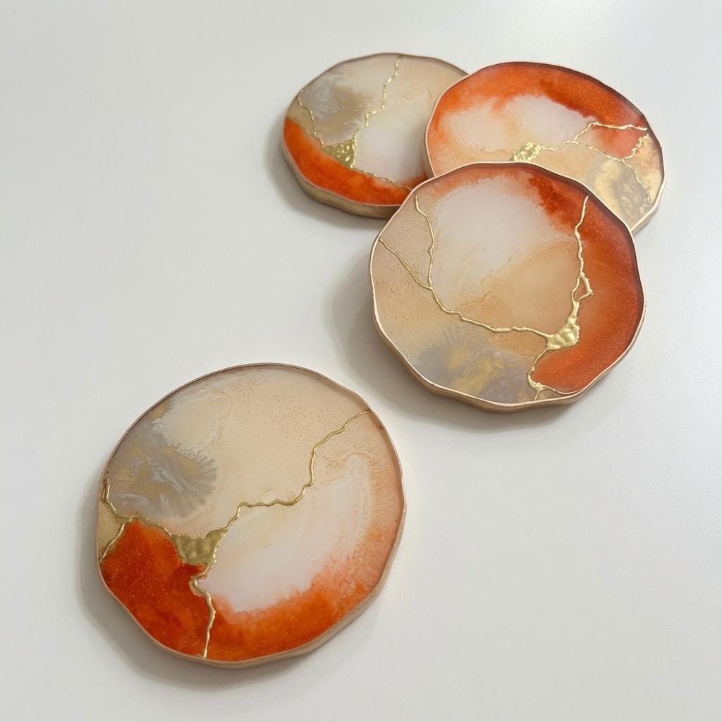 Kintsugi Gold Leaf | Epoxy Resin Coaster Set | Gold Edge Barware | Beige & Metallic Orange