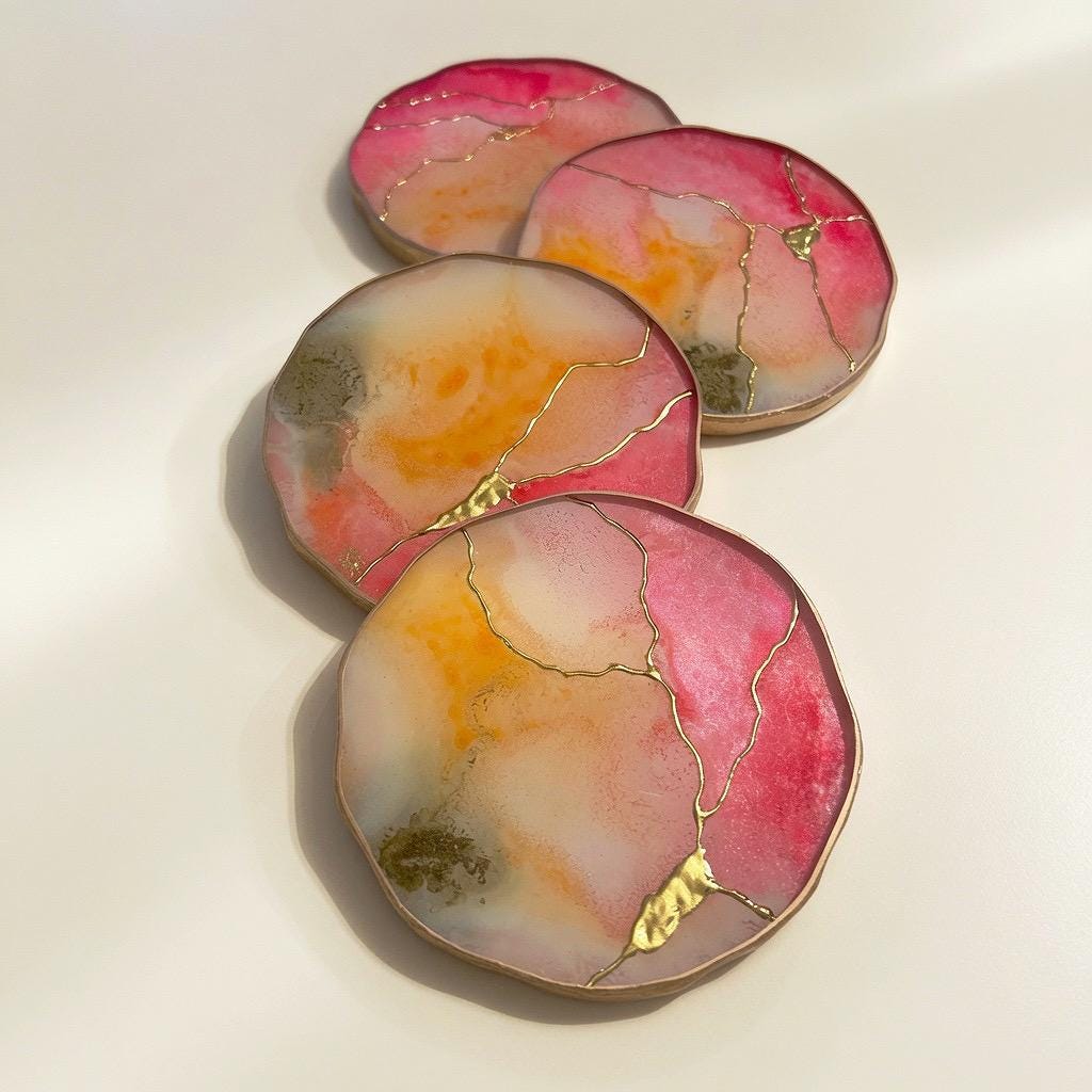 Kintsugi Gold Leaf | Epoxy Resin Coaster Set | Gold Edge Barware | Pink Quartz & Tangerine Orange