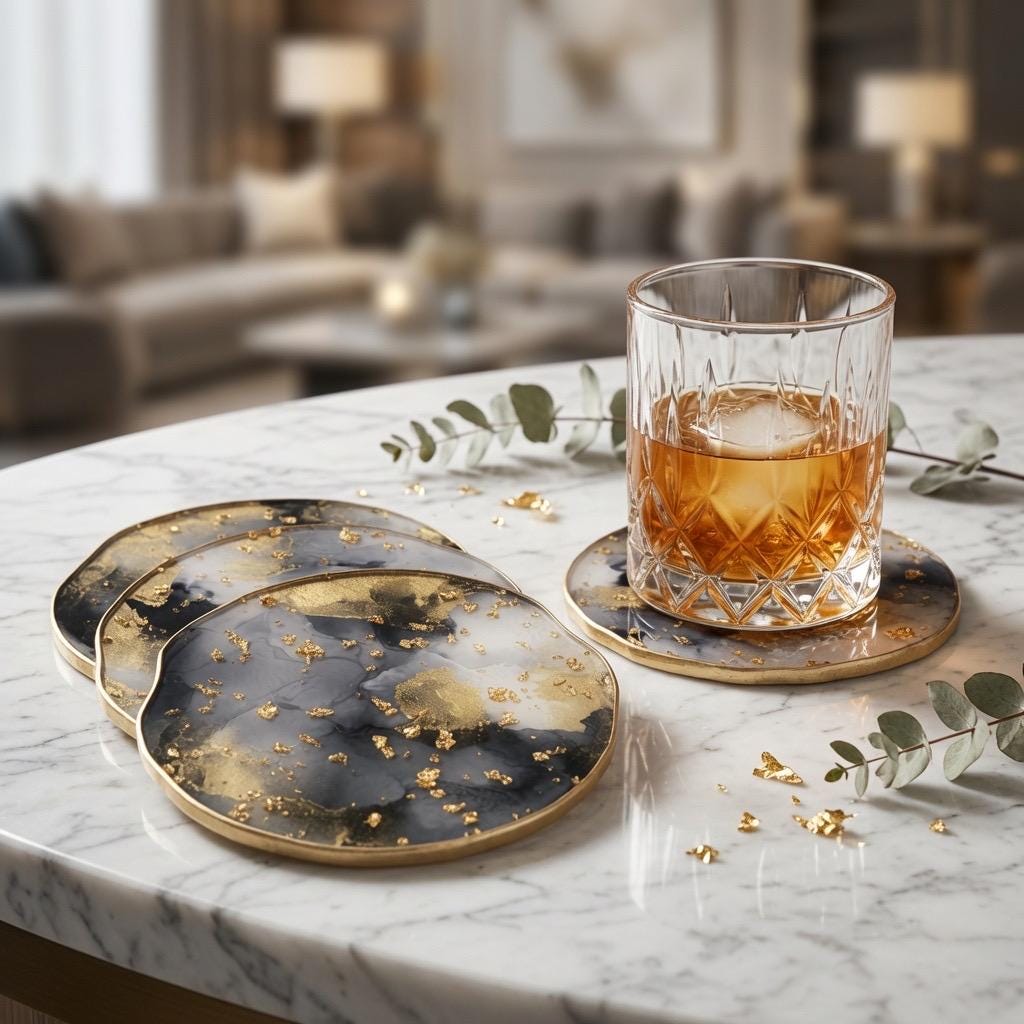 Black & White Gold Leaf | Epoxy Resin Coaster Set | Rustic Farmhouse Drinkware |