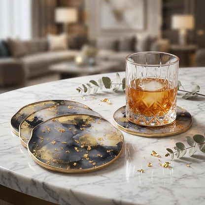 Black, White & Gold Leaf Epoxy Resin Coasters