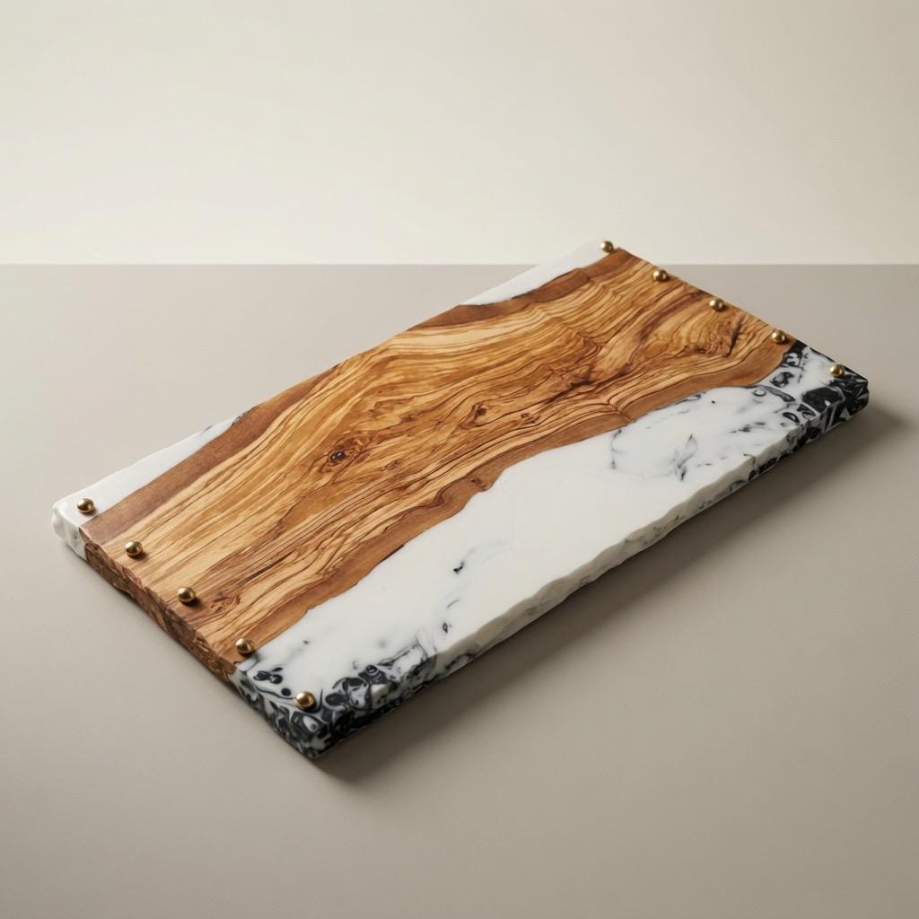 Italian Olive & Epoxy Resin Serving Tray | Charcuterie Board | Brass Accents |