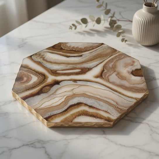 Load video: 22" Marbled epoxy resin lazy susan in a modern octagonal shape