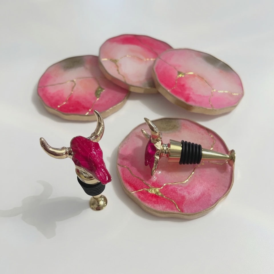 Load video: Pink Quartz Coaster Set and Pink Longhorn Bottle Stopper